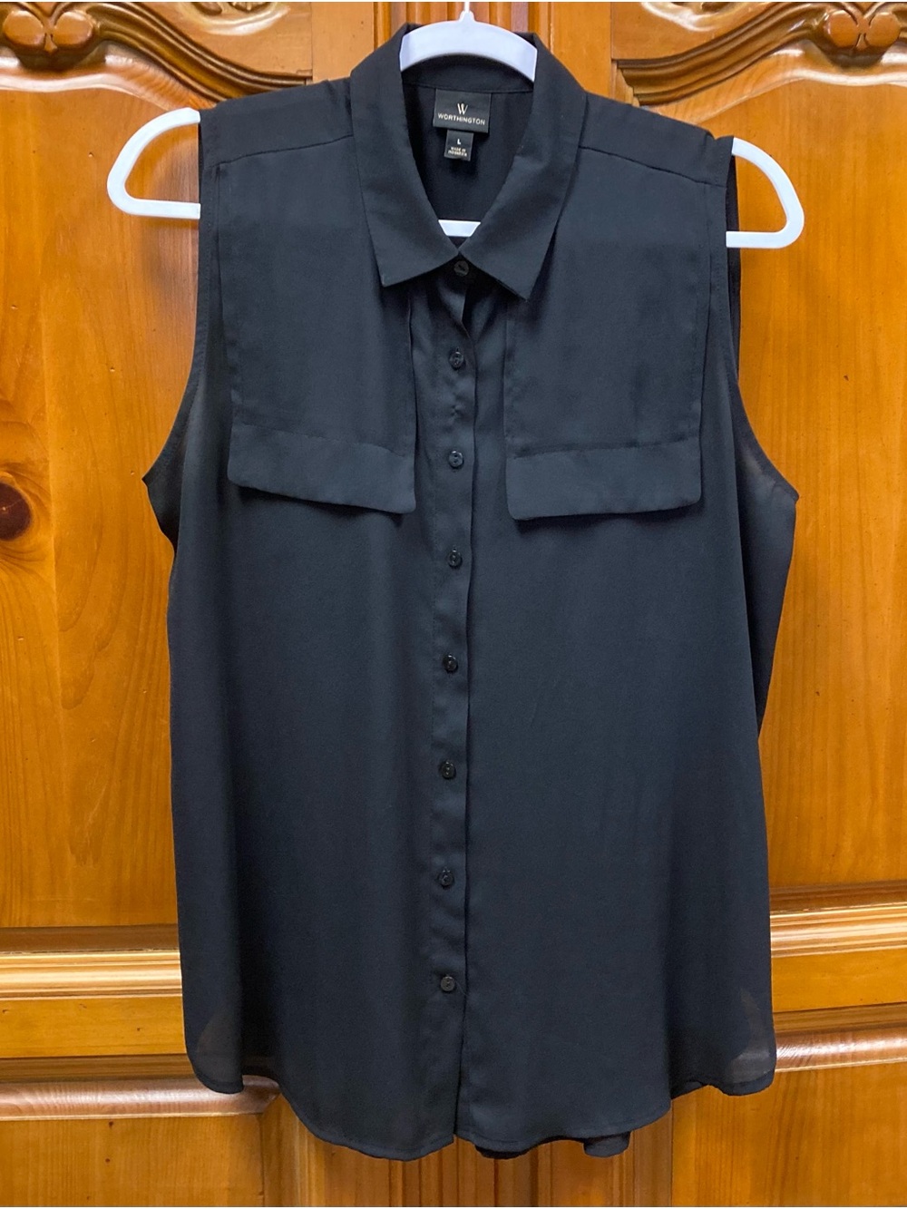 Worthington Black Sleeveless Button Front Blouse Collared Lightweight Size L